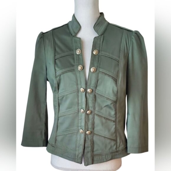 White House Black Market Olive Military Style Cropped Jacket 3/4 Sleeve Size 12 - Picture 2 of 8